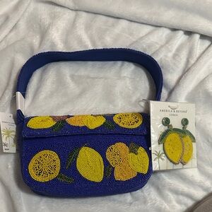 America & Beyond beaded blue lemon shoulder bag beaded & lemon dangle earrings
